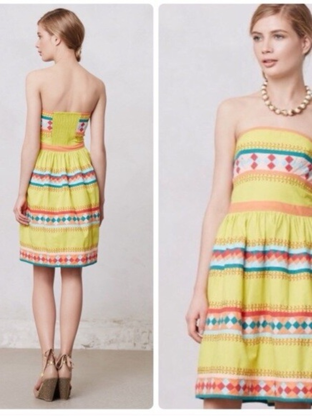 leifsdottir Yellow Strapless Sundress with Multicolor Geometric Stripes